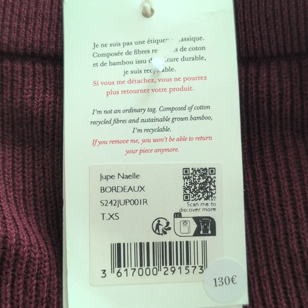Sezane Naelle Skirt, Merino Wool, Burgundy, Size XS, NWT - Picture 8 of 9